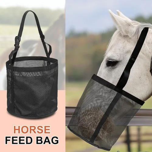 Vista 5 de Bolsa de alimentación para caballo, bozal de caballo con correa ajustable, malla de nailon, impermeable, bolsa para caballos de grano inferior Negro
