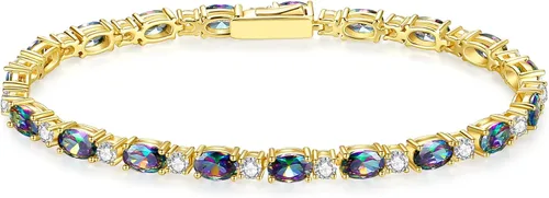 Vista 11 de FANCIME 14K Gold Plated Silver Birthstone Tennis Bracelets for Women 7" Abril