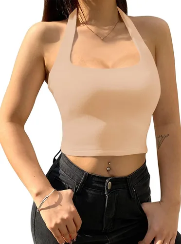 Vista 4 de REORIA Camiseta corta sin mangas Y2K con cuello halter y espalda descubierta para mujer