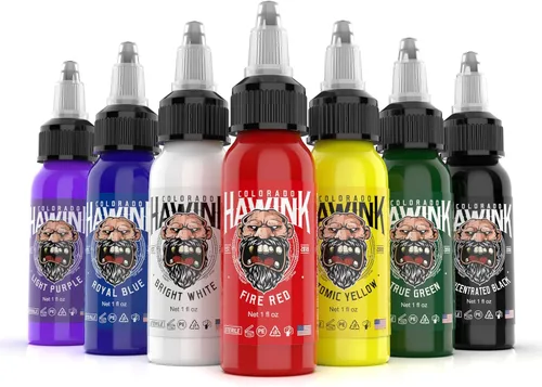 Vista 3 de HAWINK Tinta de tatuaje – 7 colores, 1 onza (1.0 fl oz), apta para veganos, tinta de pigmento estándar de Estados Unidos, uso profesional, orgánica