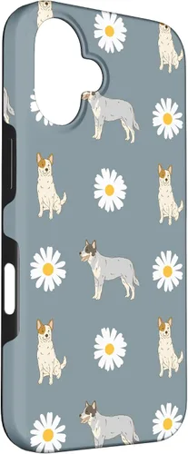 Vista 3 de Funda azul para iPhone 16 con diseño de perro Heeler y margarita azul polvoriento