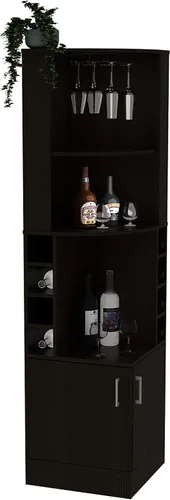 Vista 4 de FM FURNITURE The Seattle - Armario esquinero para bar con 3 estantes abiertos, estante de cristal, 8 cubos de botellas y puertas dobles, color negro