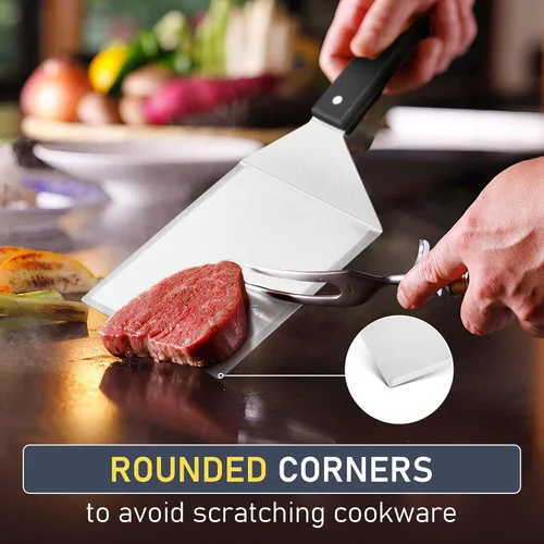 Vista 5 de HaSteeL - Juego de 2 espátulas de metal grandes de acero inoxidable con mango de ABS, resistente para hamburguesas y panqueques, ideal para cocinar