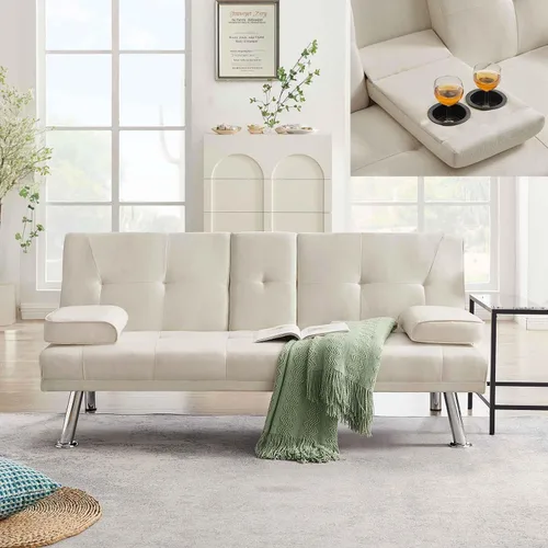 Vista 3 de Sofá cama futón tapizado de lino 100% tela con 2 portavasos/patas/reposabrazos extraíbles, sofá cama convertible moderno, sofá biplaza tapizado