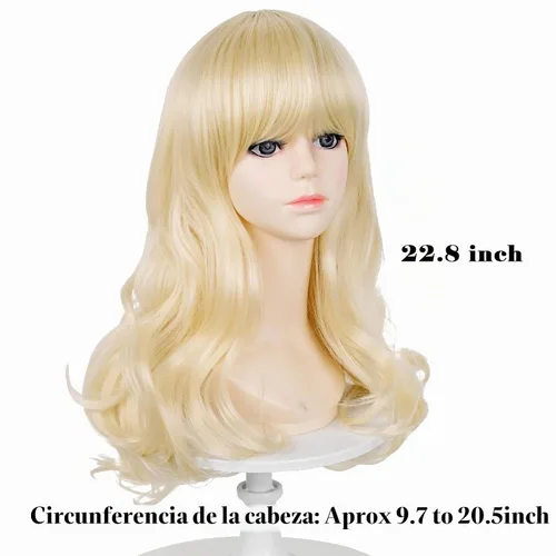 Vista 4 de Peluca rubia con clip de pelo con lazo rosa, peluca de princesa ondulada Rubia Flequillo