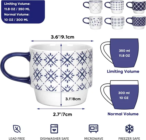 Vista 2 de Schliersee Juego de 6 tazas de café de cerámica apilables de 12 oz, taza pequeña con patrón geométrico floral, taza de café de porcelana azul