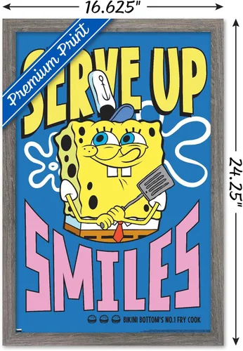 Vista 3 de Trends International Nickelodeon Bob Esponja - Póster de pared Serve Up Smiles, 22.4 pulgadas de largo x 14.7 W, versión enmarcada de madera