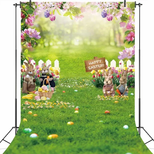 Vista 2 de Telón de fondo de Pascua para fotografía, 5 x 7 pies, Pascua, primavera, jardín, floral, conejito, huevos coloridos, valla de hierba verde, fondo