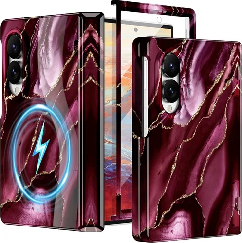 Vista 13 de Btscase Funda para Samsung Galaxy Z Fold 5, protector de pantalla frontal integrado, patrón de mármol dorado con purpurina de policarbonato duro