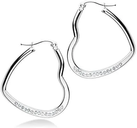 Vista 5 de 555Jewelry Aretes de aro de acero inoxidable con forma de corazón para mujer, Metal, Circonia cúbica