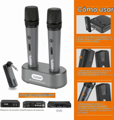 Vista 5 de Micrófono inalámbrico platino para entrada de micrófono UHF Metal Dinámico Micrófono multipropósito con base y receptor recargable Rango de 160 pies