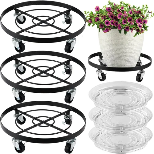 Vista 11 de Paquete de 3 posavasos de metal para plantas de 10.6 pulgadas, con ruedas, soporte rodante resistente para plantas con ruedas para interiores y Negro