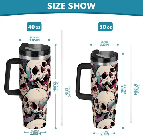 Vista 3 de Botella de agua de boca ancha al vacío con diseño de calavera de animales de dibujos animados coloridos para niños con tapa y pajita, taza
