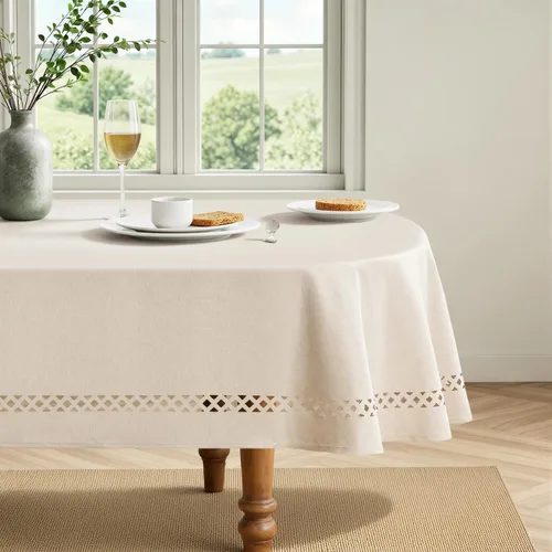Vista 22 de MIULEE Mantel redondo de poliéster de lino beige con recortes decorativos, impermeable, resistente a las manchas y al encogimiento, 60 x 60