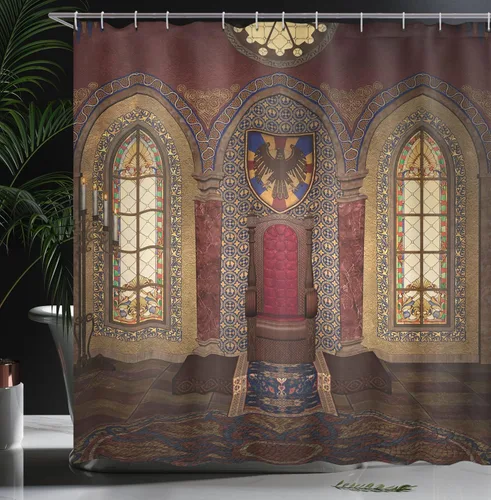 Vista 3 de Ambesonne Cortina de ducha gótica, color rojo medieval en la capilla, retrato de águila en la pared, impresión de construcción de fantasía, juego