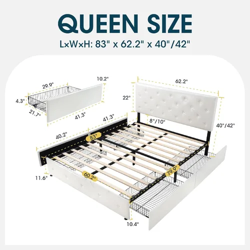 Vista 2 de WEEWAY Base de cama de plataforma tamaño Queen con 4 cajones de almacenamiento, cabecera capitonada con botones de costura de diamante, base