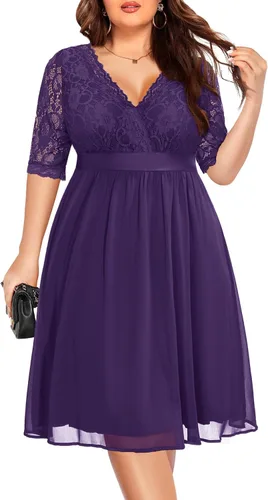 Vista 19 de Plus Size Wedding Guest Cocktail Midi Dress Lace Chiffon V Neck Wrap Negro