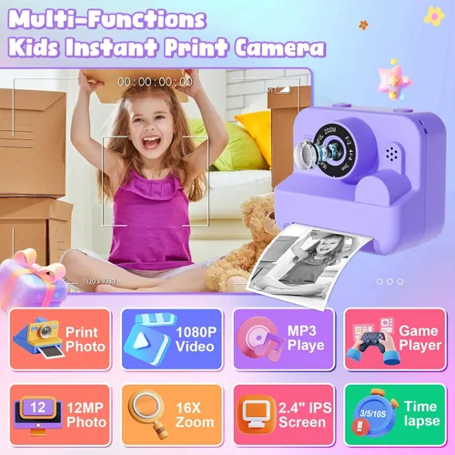 Vista 2 de Cámara digital para niños con impresión instantánea - Cámara de video digital HD 1080P para niños pequeños con papel de foto para imprimir, juguete