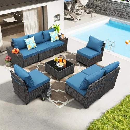 Vista 22 de JOYURE Juego de muebles de patio de 5 piezas, para todo tipo de clima, para exterior, sofá seccional de mimbre, sofá de ratán para patio con cojín