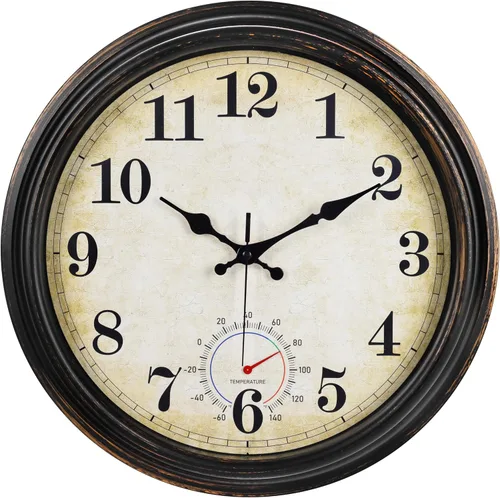 Vista 12 de Relojes para exteriores impermeables con termómetro, reloj de pared costero rústico para patio, piscina, jardín (12 pulgadas, azul)