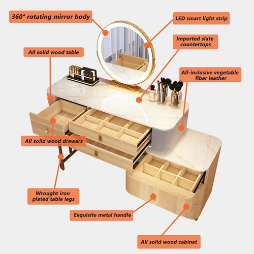Vista 3 de Tocador, tocador de maquillaje con taburete acolchado, tocador con espejo iluminado LED y mesa auxiliar, mesa de maquillaje con 3 cajones