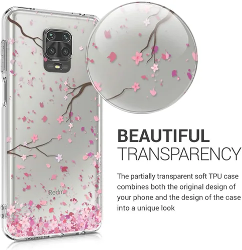 Vista 3 de kwmobile Funda transparente compatible con Xiaomi Redmi Note 9S / 9 Pro / 9 Pro Max - Funda de teléfono de TPU suave - Flores de cerezo rosa/marrón