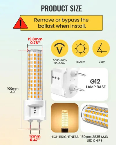 Vista 5 de Klarlight Bombilla LED G12, bombilla de maíz con base bi-pin de 15 W, 15 W, luz blanca cálida de 3000 K, reemplazo de lámpara de halogenuros Luz