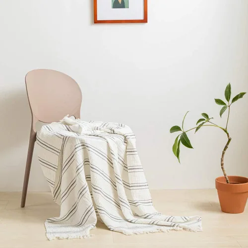 Vista 12 de Simple&Opulence Manta de muselina de algodón a rayas teñidas para cama, sofá, manta tejida de punto con borlas, suave, ligera, acogedora, prelavada