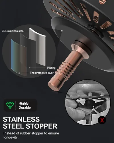 Vista 3 de BOTEMY B9171 Kit de drenaje de fregadero de cocina de cobre 3 1/2 colador para fregadero de cocina con colador de acero inoxidable, tapón de Cobre