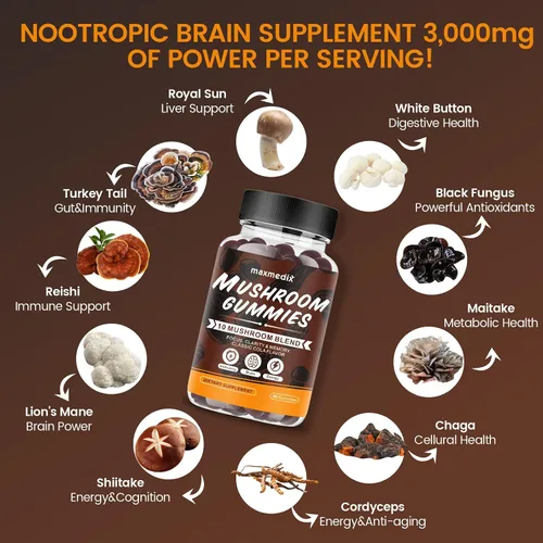 Vista 3 de maxmedix Gomitas de hongos - Suplemento de hongos 10 veces con Ashwagandha y melena de león, refuerzo del cerebro, apoyo inmunológico, energía