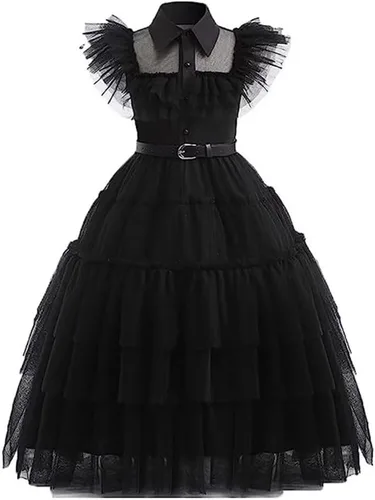 Vista 2 de Mordarli Vestido de disfraz negro para niñas con accesorios con peluca, guantes, calcetines y collar