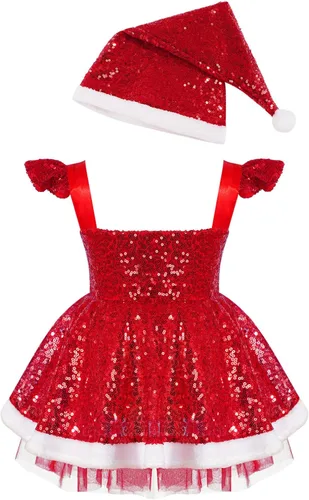 Vista 2 de TiaoBug Disfraz de Navidad para bebés y niñas, disfraz de Papá Noel, conjunto de ropa con sombrero de copo de nieve