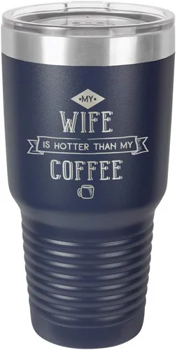 Vista 11 de Taza de viaje de acero inoxidable con popote y tapa superior deslizante My Wife Is Hot Than My Coffee Black de 30 onzas