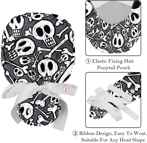 Vista 4 de 2 gorras de trabajo ajustables, calaveras y huesos Bouffant sombreros de mujer de pelo largo, Color 5