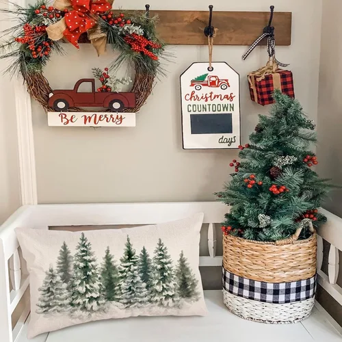 Vista 2 de Fundas de almohada de árboles de Navidad de 12 x 20 pulgadas, funda de almohada lumbar verde para decoración de Navidad, acuarela, funda de almohada