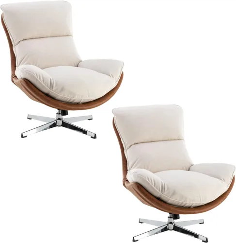 Vista 11 de HEAH-YO Silla giratoria decorativa, moderna silla de sala de estar con respaldo, silla de lectura tapizada de tela de lino sin brazos para Beige
