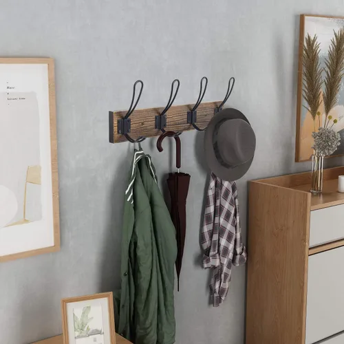 Vista 4 de Gancho rústico de pared con 4 ganchos estilo granja - Perchero de madera de pino maciza para toallas y abrigos para baño, entrada, cocina - Marrón