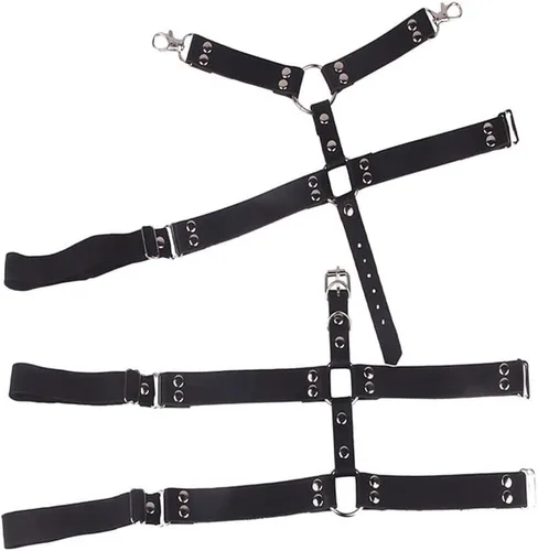 Vista 3 de Arnés de cuero para piernas, estilo punk, negro, ligueros, rave, club, fiesta, muslo, cadena para piernas, joyería para el cuerpo para mujeres