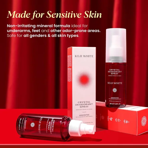 Vista 9 de Koji White Even Tone Desodorante Desodorante de sal en aerosol de cristal para mujeres, desodorante sin perfume para pieles sensibles, piedra