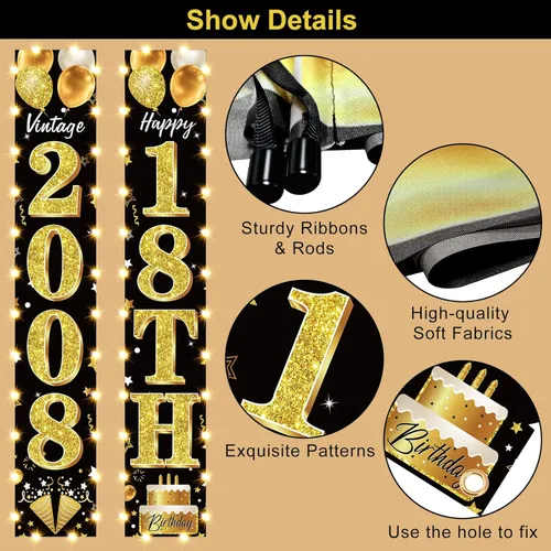 Vista 3 de Cartel de fiesta de cumpleaños número 18 con luces LED para hombres y mujeres - Carteles de puerta de cumpleaños número 18 en negro y dorado vintage