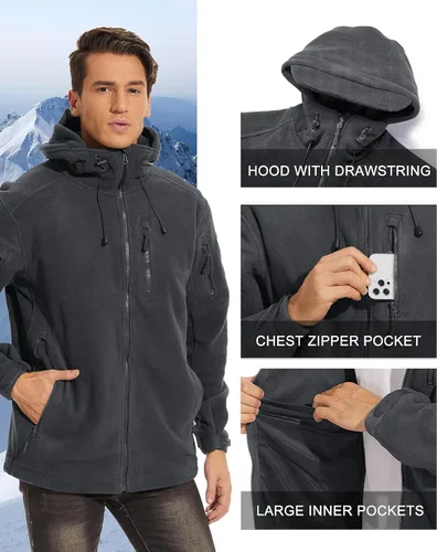 Vista 4 de TACVASEN Chaquetas tácticas con capucha para hombre, forro polar, para senderismo, caza, múltiples bolsillos