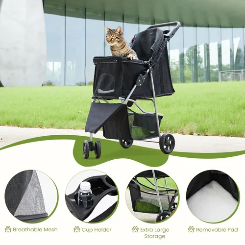 Vista 3 de NEWBULIG Cochecito para mascotas de 3 ruedas para perros y gatos, plegable, ligero y duradero para mascotas pequeñas a medianas, incluye cesta