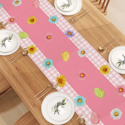 Vista 4 de Camino de mesa de Pascua a cuadros de búfalo rosa y blanco, huevo de Pascua, conejito, margarita, tulipán, decoración de mesa floral, primavera