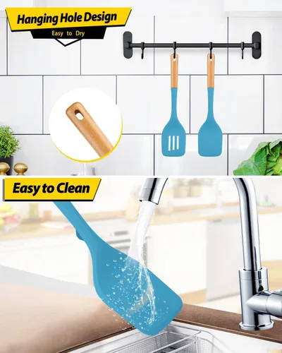 Vista 6 de Paquete de 2 espátulas grandes de silicona, espátulas sólidas resistentes al calor, espátulas ranuradas antiadherentes con mango de madera Azul
