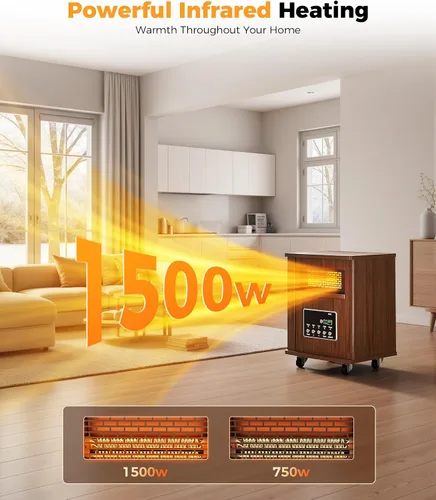 Vista 4 de Calentador de espacio infrarrojo para uso en interiores - Calentador de caja portátil de 1500 W con gabinete de madera, control remoto