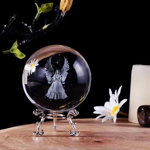 Vista 2 de Figuras de ángel guardián orante 3D, bola de cristal con soporte plateado, regalo conmemorativo para mujeres, amigas, personas especiales