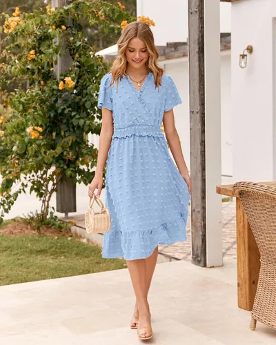 Vista 8 de BTFBM Vestidos de verano de manga corta con cuello en V y lunares suizos para mujer, vestidos largos con volantes, estilo bohemio, vestido