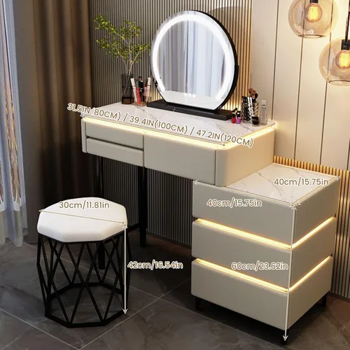 Vista 7 de Escritorio de maquillaje con luz LED, escritorio de tocador con espejo y luces, juego de tocador de maquillaje de 6 cajones para dormitorio Gris