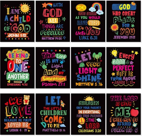 Vista 8 de Cinrobiye 12 carteles con versículo bíblico para niños, arte de pared cristiano inspirador con citas de las Escrituras, decoración religiosa