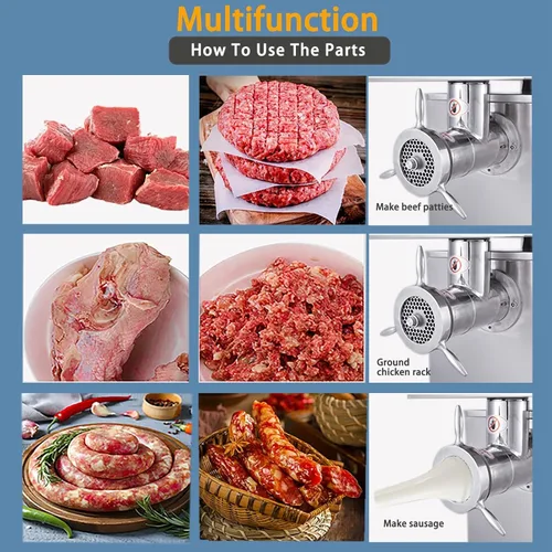 Vista 3 de CuisinSmart Picadora de carne eléctrica profesional – Picadora de acero inoxidable resistente de 3000 W – 2 cuchillas, 2 platos, relleno